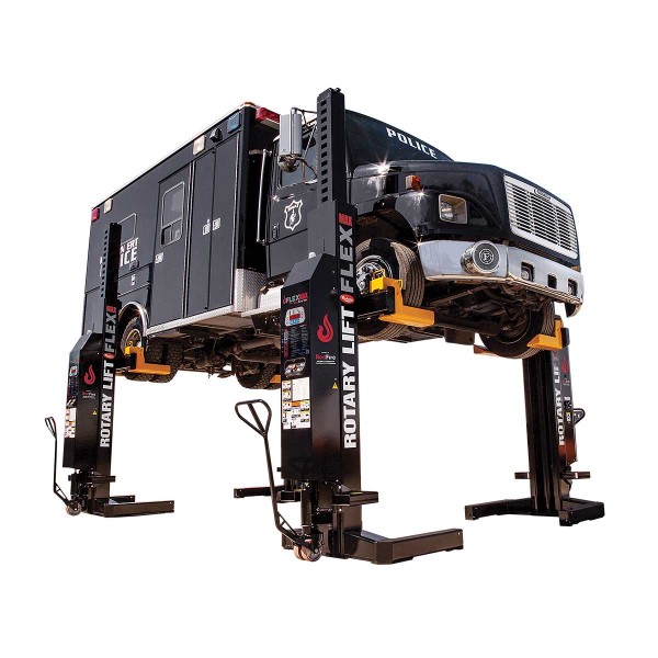 Rotary Lift MCHM19 Mobile Column with a black heavy utility vehicle lifted