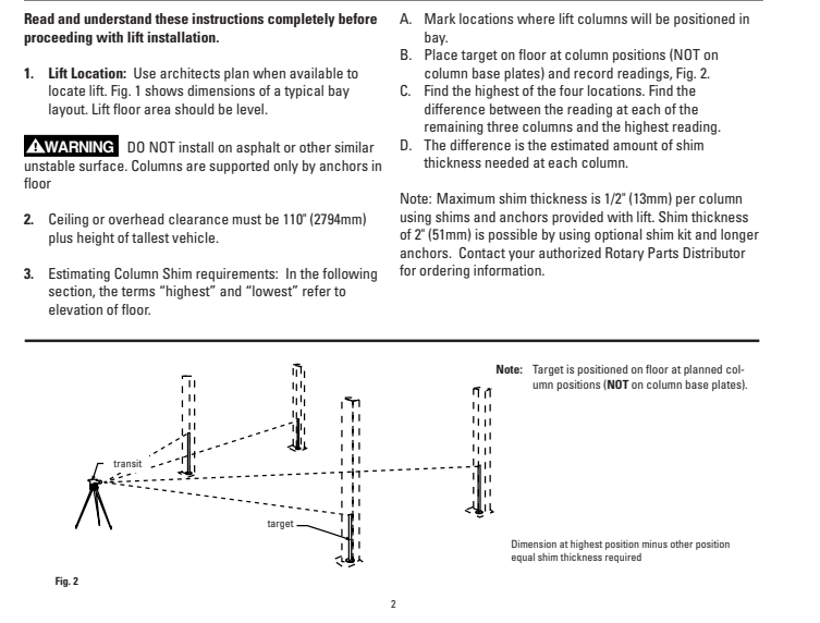 Part of an installation manual showing requirements for clearance and concrete thickness