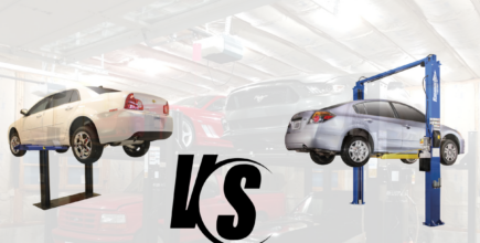 An inground lift (left) and two-post lift (right) separated by the word 'Vs'